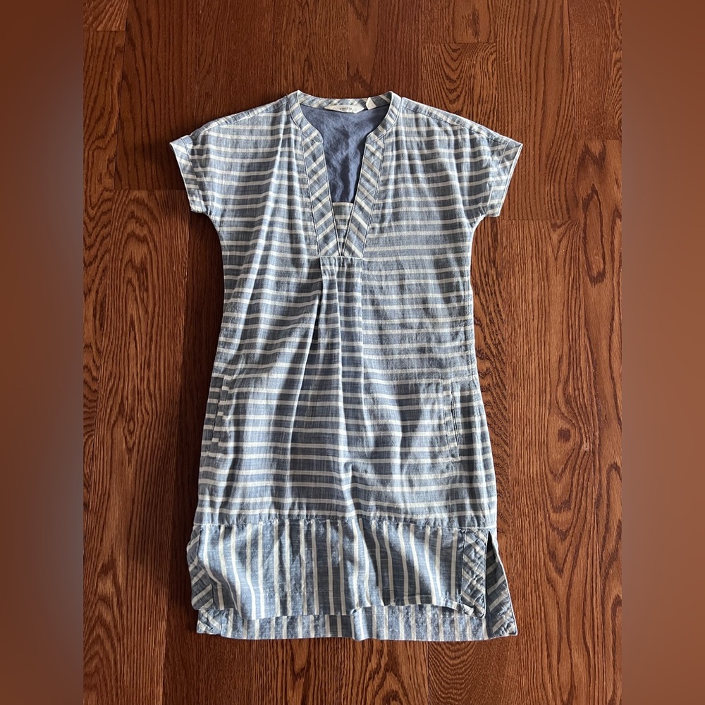 Athleta Barbados Mini Shift Dress Cover-Up in a blue and white stripe pattern.